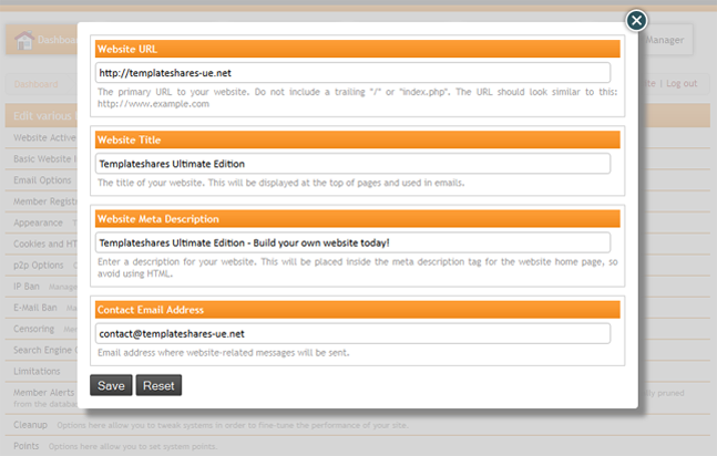 TSUE Admin CP - Website Settings